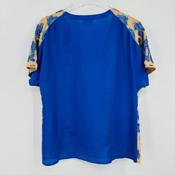 Tracy Reese for Target Small Tan & Blue Sequin Patterned Short Sleeve Blouse Top - Picture 7 of 7